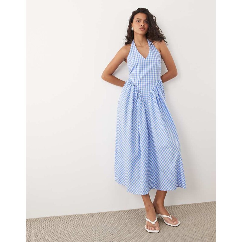 YAS halter neck waist-detail gingham maxi dress in blue 115681992