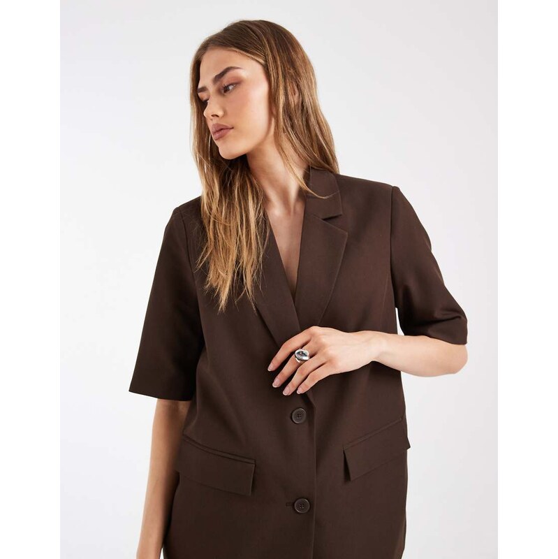 Pieces short sleeved boxy tailored blazer co-ord in chocolate brown 115681995
