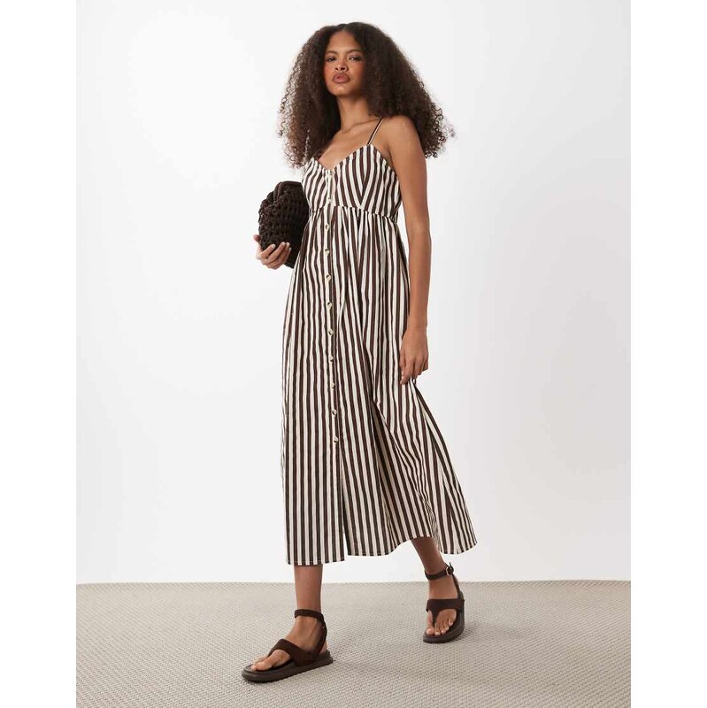 New Look stripe button down midi dress in brown 115682002