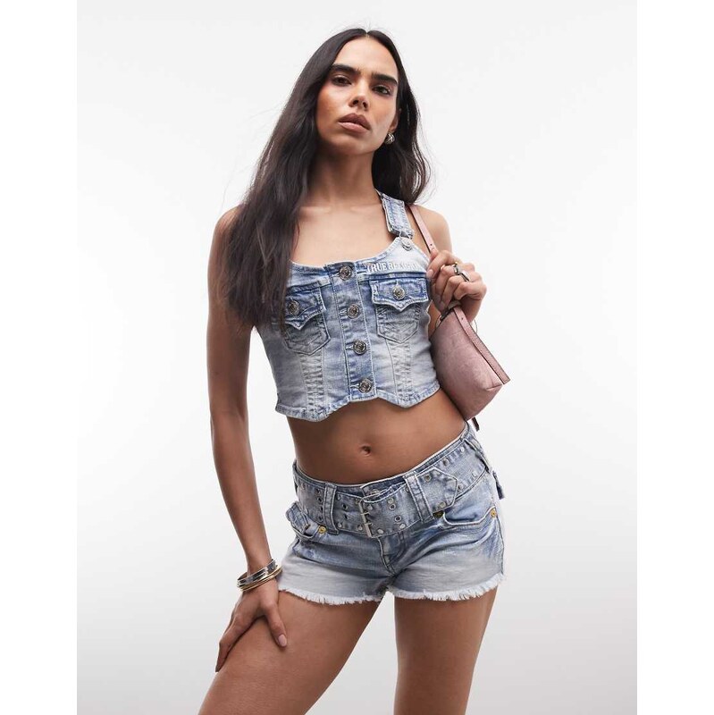 True Religion wide belt joey low rise flap pocket denim shorts in 115682010