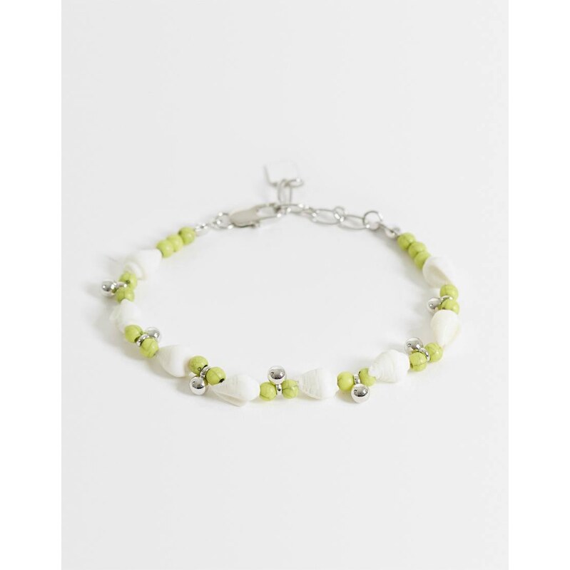 ASOS DESIGN bracelet with faux mini shells in green and white-Silver 115682026