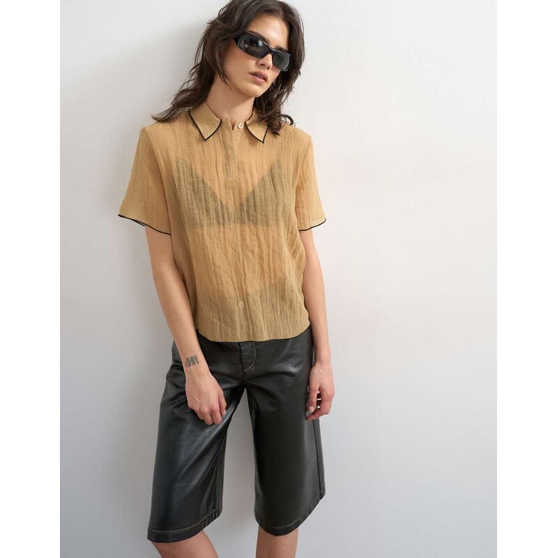Topshop crinkle polo shirt with black tipping in mocha-Brown