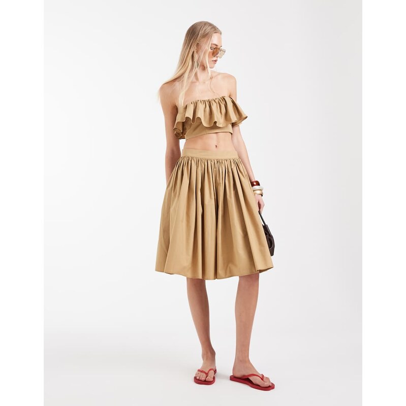 ASOS DESIGN knee length skater skirt in tan poplin co ord-Brown