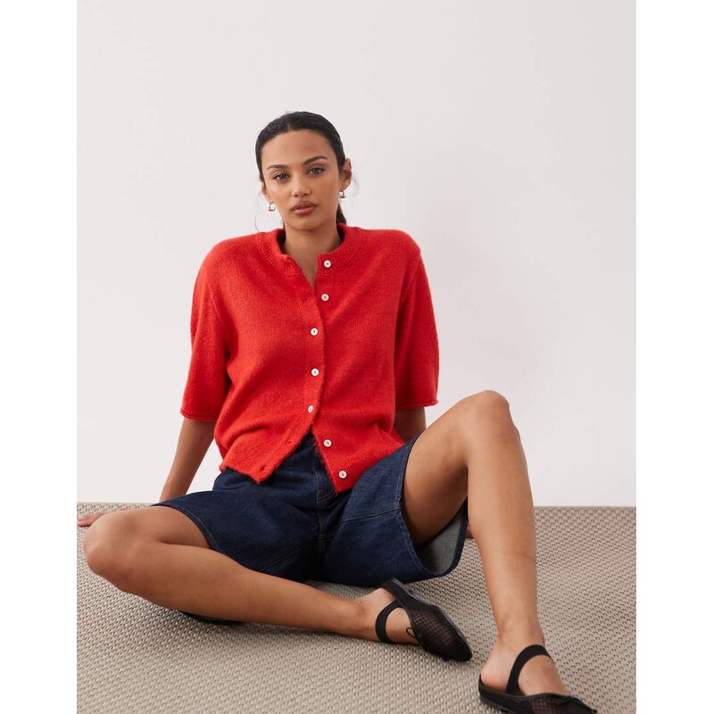 ASOS DESIGN lightweight relaxed short sleeve cardigan in red 115682042