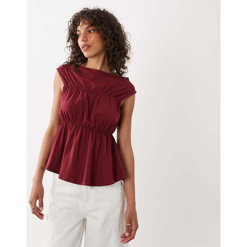 ASOS DESIGN shirred slash neck top in burgundy