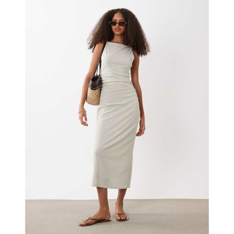 Mango boat neck sleeveless midi dress with ruched waist in beige