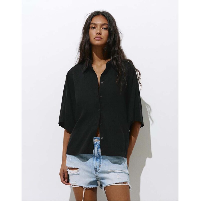 Pull&Bear Short sleeve linen blend shirt in black 115682070