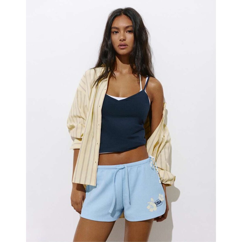Pull&Bear Floral textured shorts in light blue