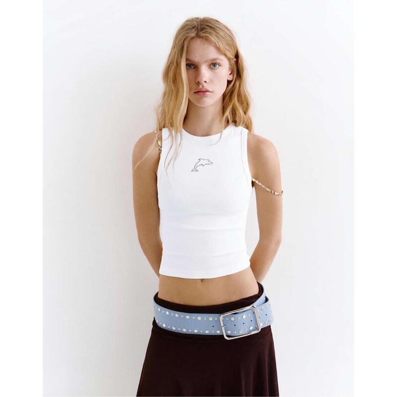 Pull&Bear Rhinestone dolphin tank top in ice-White 115682119