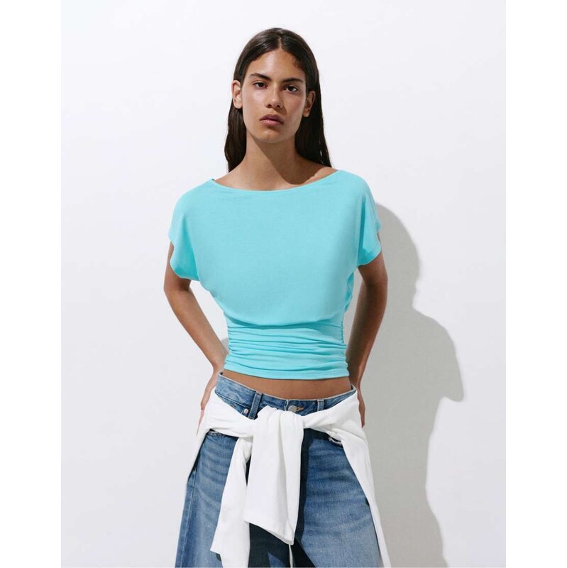 Pull&Bear Gathered asymmetric top in turquoise-Blue 115682146