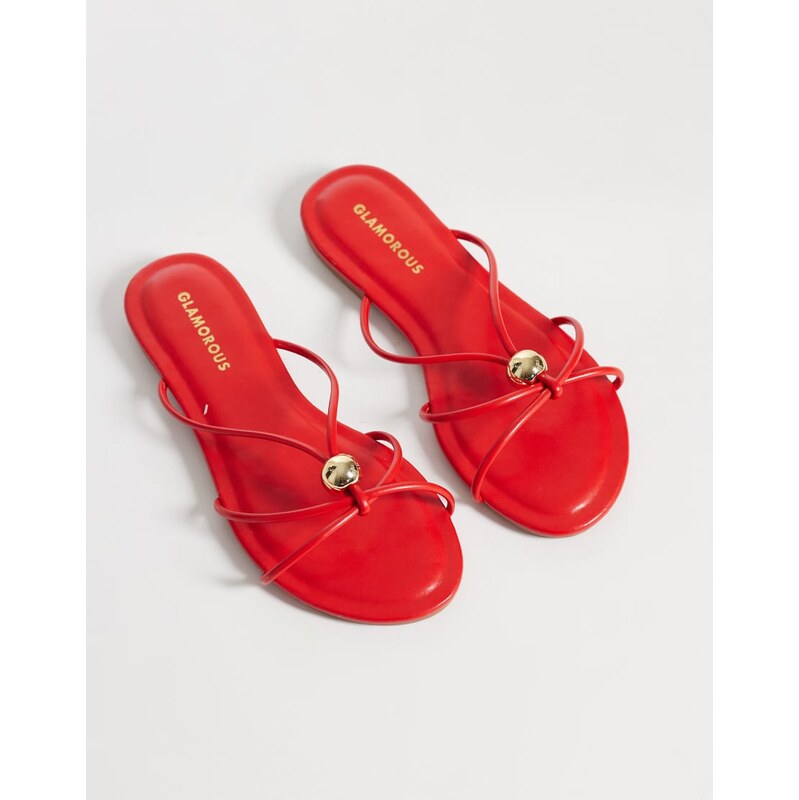 Glamorous flat sandals with gold detail in red 115743899