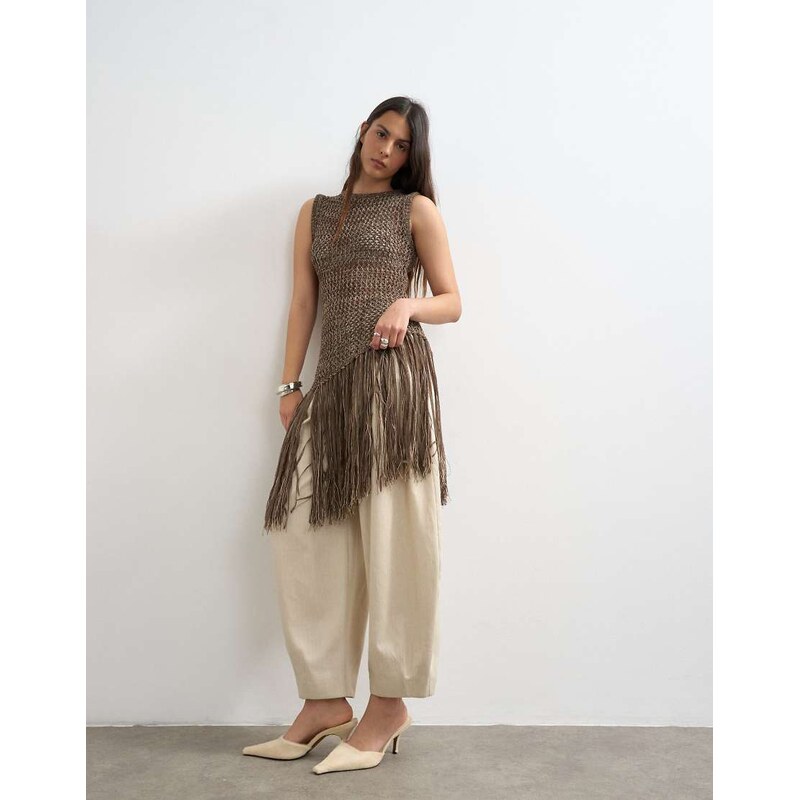Topshop knitted tape fish net scoop neck top in chocolate brown 115740782