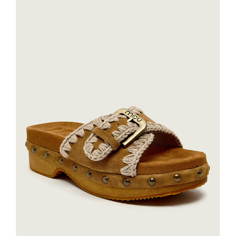 MOU Pantofle Low heel wood clog | semiš 114518985