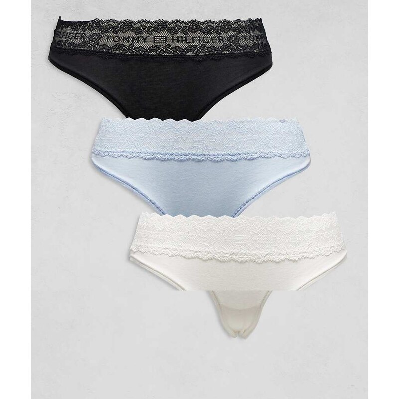 Tommy Hilfiger Logo lace 3 pack bikini briefs in black/white/blue 115685893