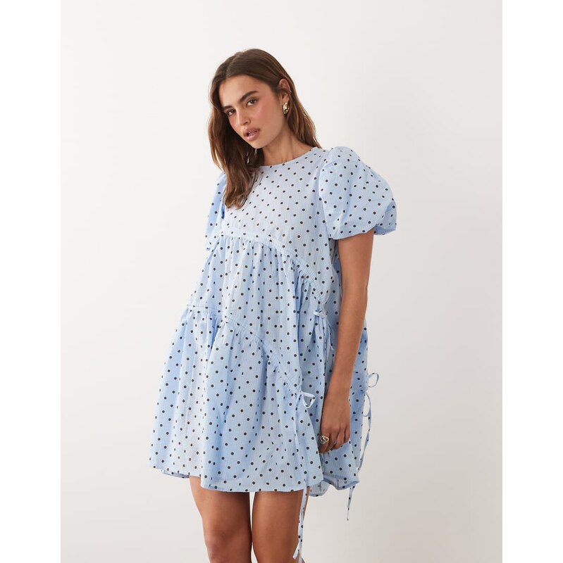 Ghospell seersucker puff sleeve asymmetric drawstring detail mini 115685913