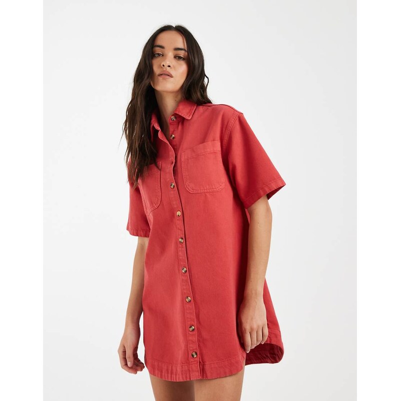 ASOS DESIGN denim boxy shirt dress with pocket detail in red