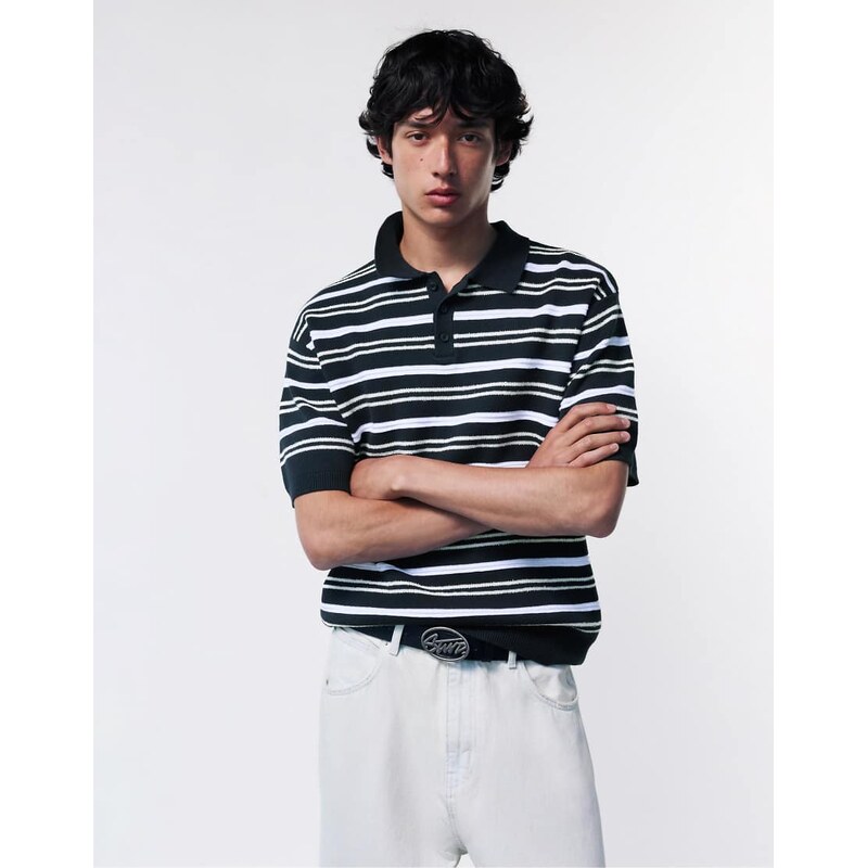Pull&Bear Stwd striped knit polo shirt in navy