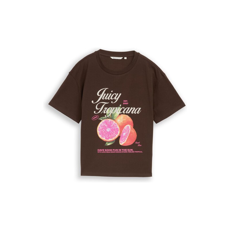 TOM TAILOR DENIM Tričko tmavě hnědá / oranžová / pink / offwhite 115688189