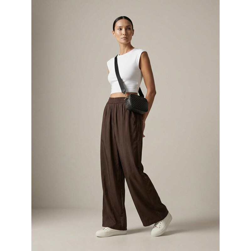 Sinsay - Kalhoty wide leg s modalem - tmavě hnědá