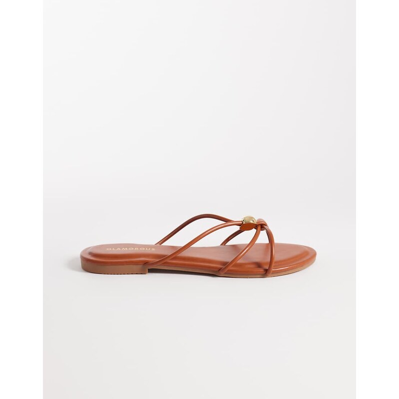 Glamorous flat sandals with gold detail in brown 115743898