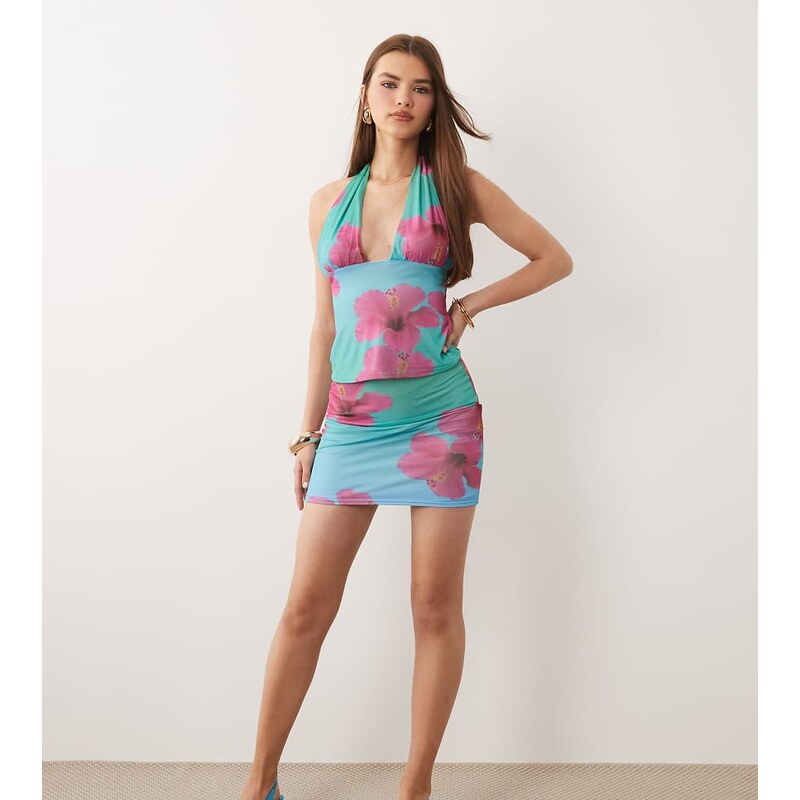 Kaiia exclusive slinky mini skirt co-ord in aqua and pink floral