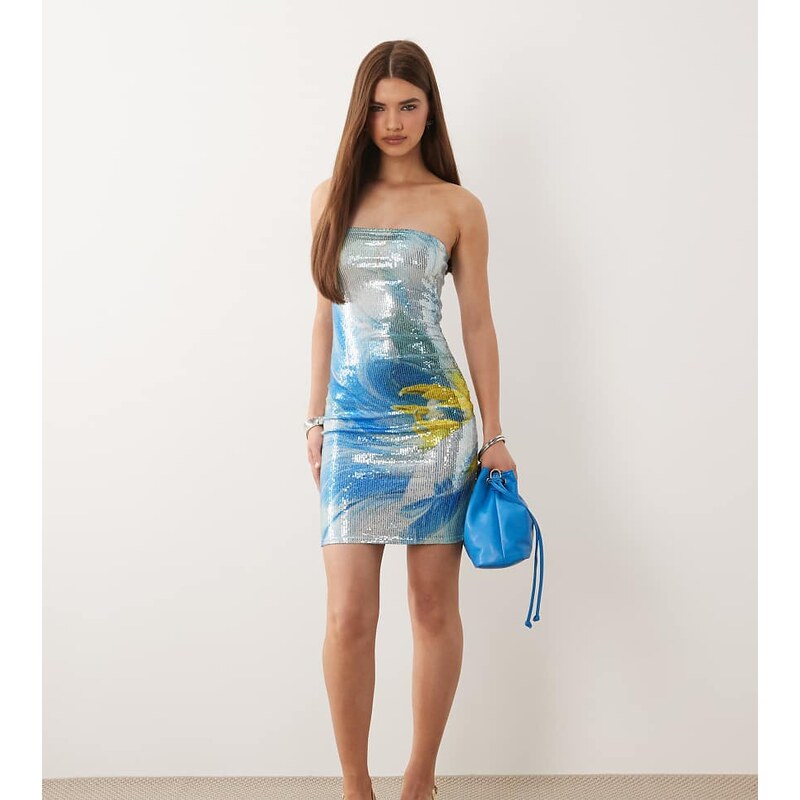 Kaiia exclusive sequin bandeau mini dress in aqua and yellow