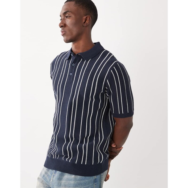 Threadbare knitted short sleeve pinstripe polo shirt in navy and