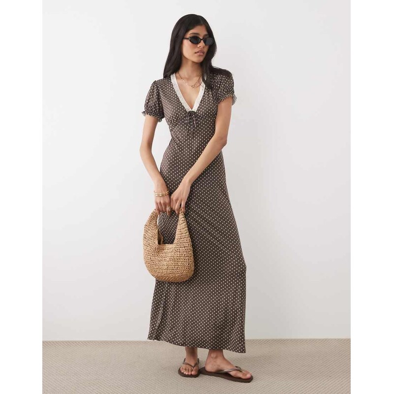 Miss Selfridge v-neck maxi tea dress with lace trim in polka dot