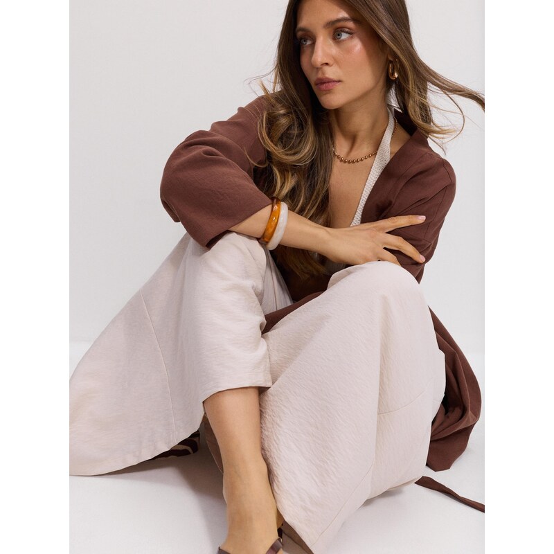 Sinsay - Kalhoty wide leg s viskózou - béžová 115690444