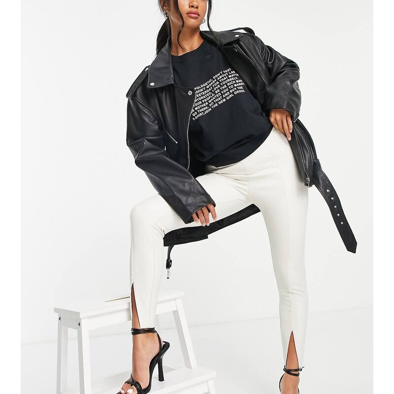 Topshop Petite faux leather trousers with split front in off white 115691542