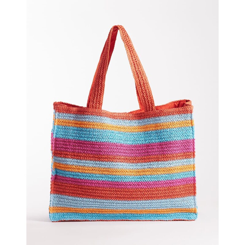 South Beach shoulder straw beach tote bag in orange and blue stripe 115691661