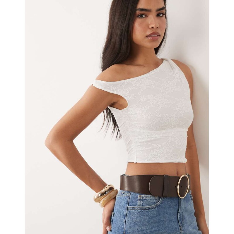 Missyempire lace twist off shoulder top in cream-White