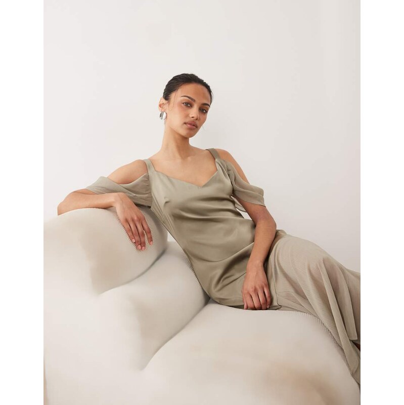 Pretty Lavish cold shoulder drop hem sheer maxi dress in taupe-Brown 115691697