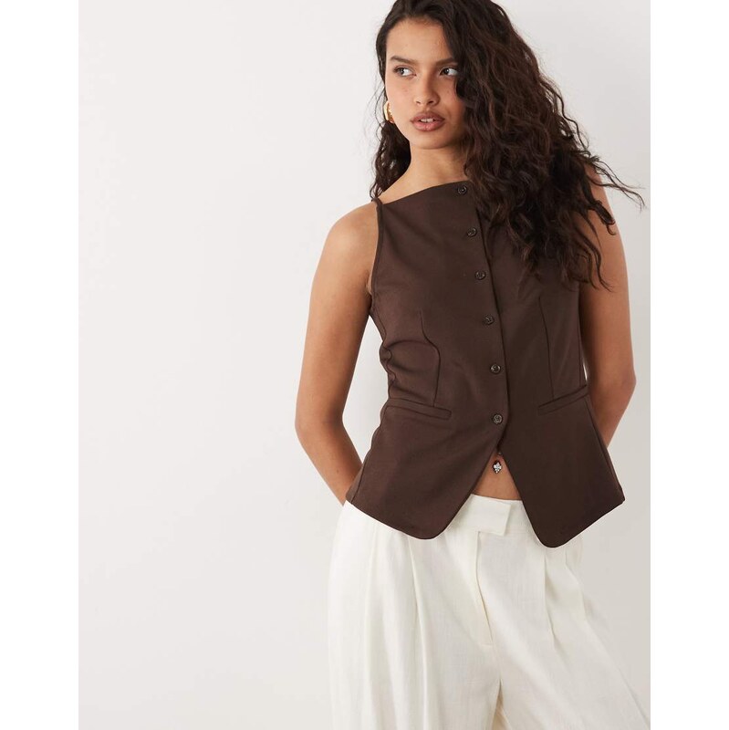 Vila square neck structured jersey waistcoat in chocolate brown 115691745