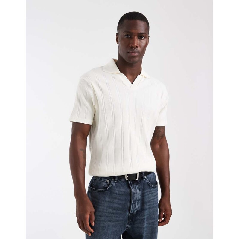 ASOS DESIGN slim fit notch polo in cream rib-White