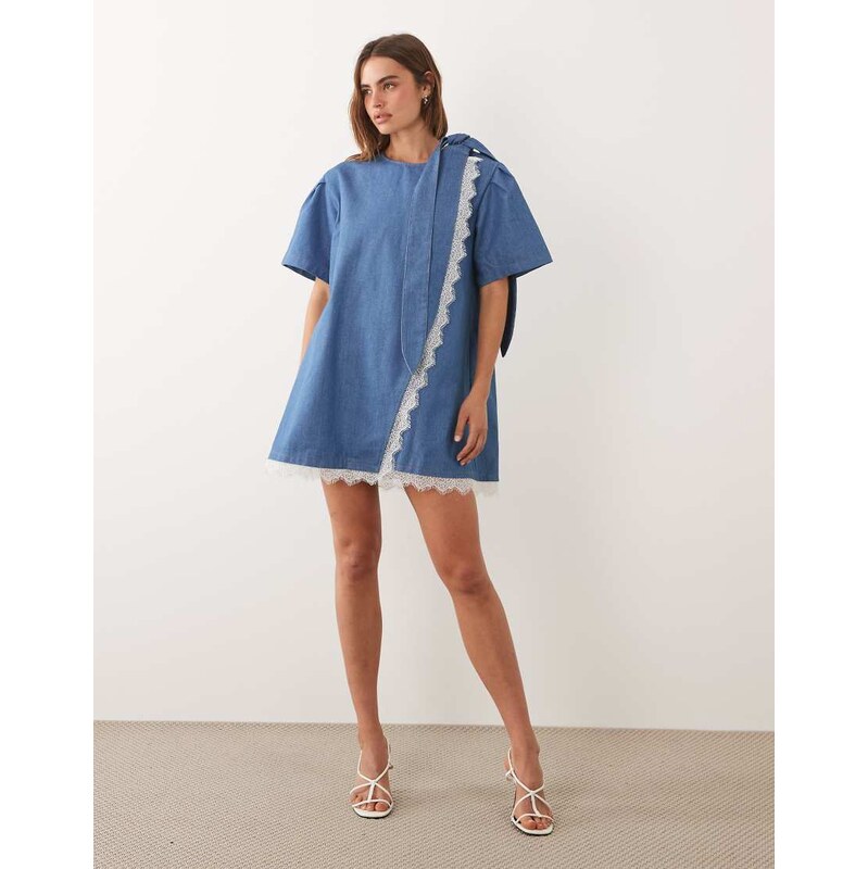 Ghospell denim puff sleeve lace trim wrap detail mini dress in blue 115691777