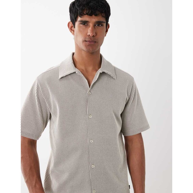 Jack & Jones premium short sleeve stripe textured shirt in brown
