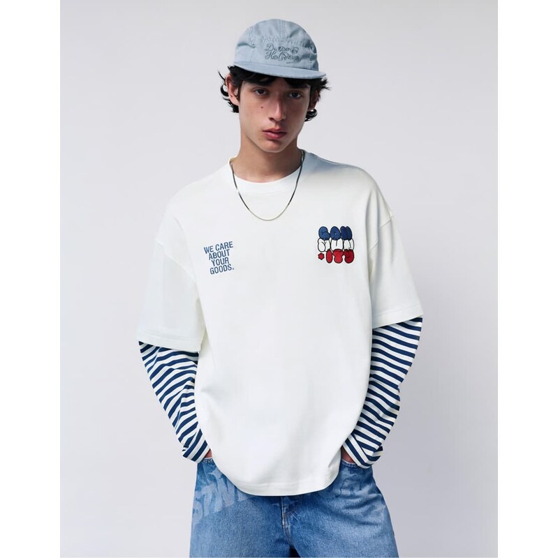 Pull&Bear Stwd double-sleeve striped t-shirt in white