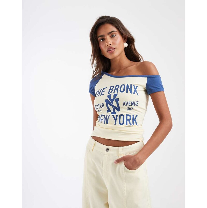 ASOS DESIGN off shoulder fitted tee with new york graphic in