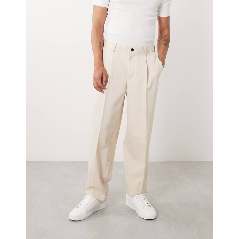 ASOS DESIGN tailored pleated oversized tapered trousers in ecru
