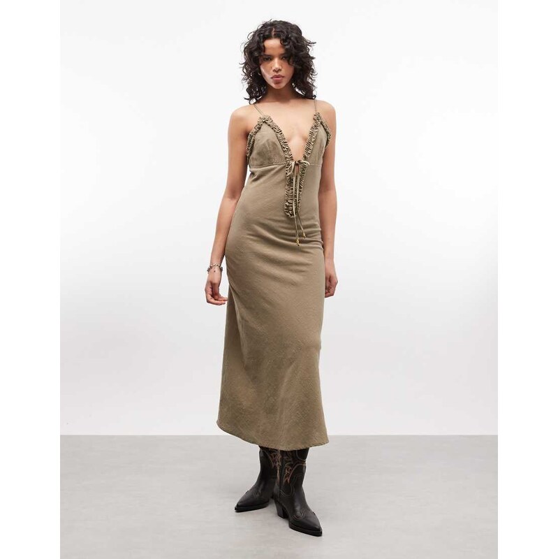 ASOS DESIGN deep plunge cami maxi sundress with ruffle trims in