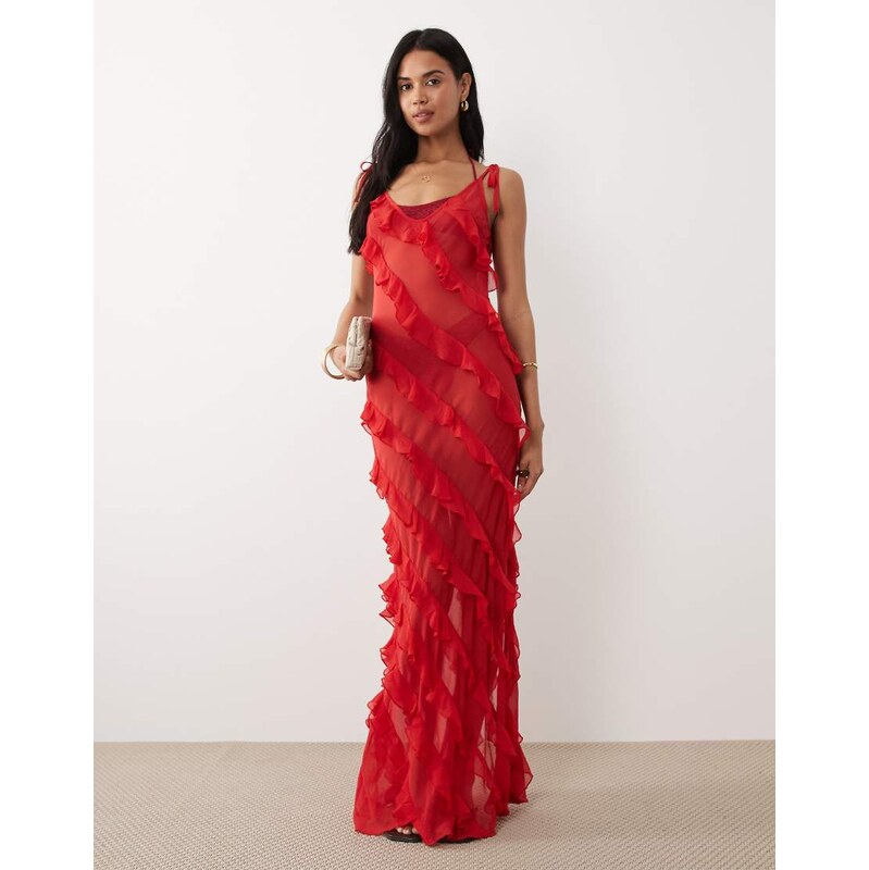 Miss Selfridge beach asym ruffle low back maxi dress in red