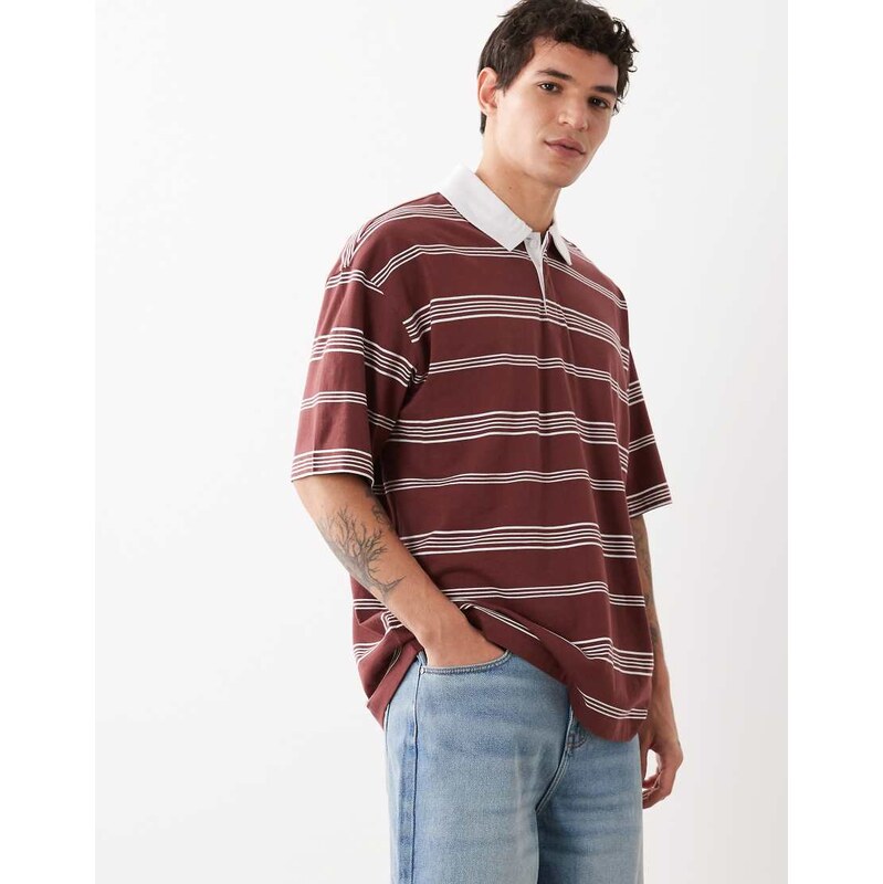 ASOS DESIGN oversized rugby polo in red stripe-Multi