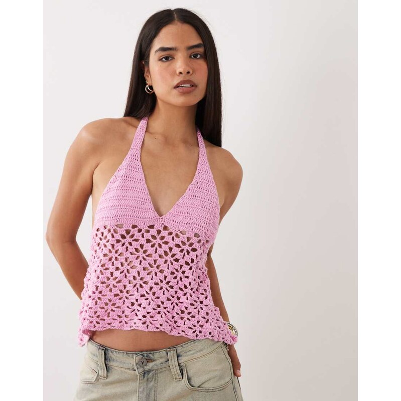 Kiwi & Co handknit flower crochet halterneck open back top in