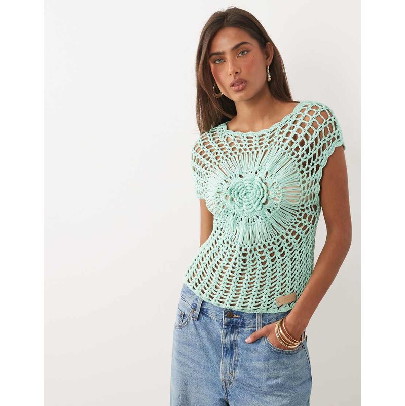 Kiwi & Co Cora hand crocheted open flower top in turquoise-Blue 115740769