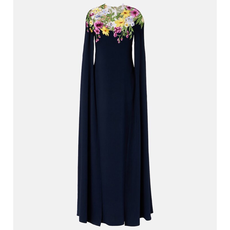 Oscar de la Renta Embroidered caped silk-blend gown