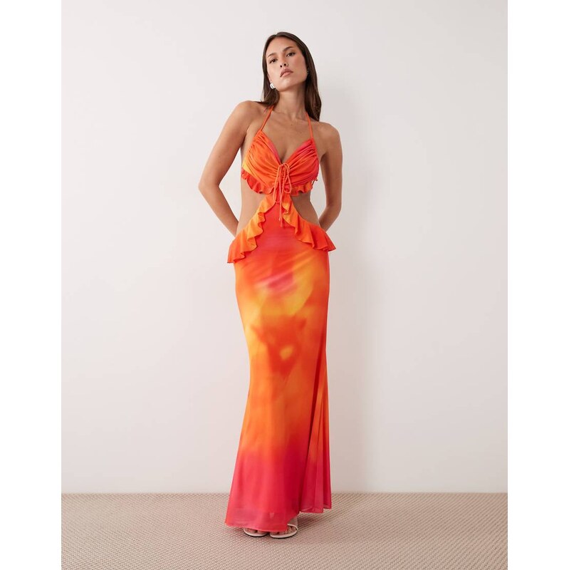 Wanderdoll Lola halterneck ruffle cut out detail maxi dress in