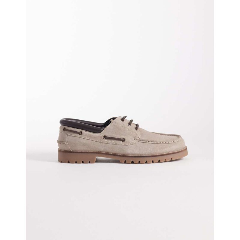 ASOS DESIGN boat shoes with cleated sole in stone suede-Neutral