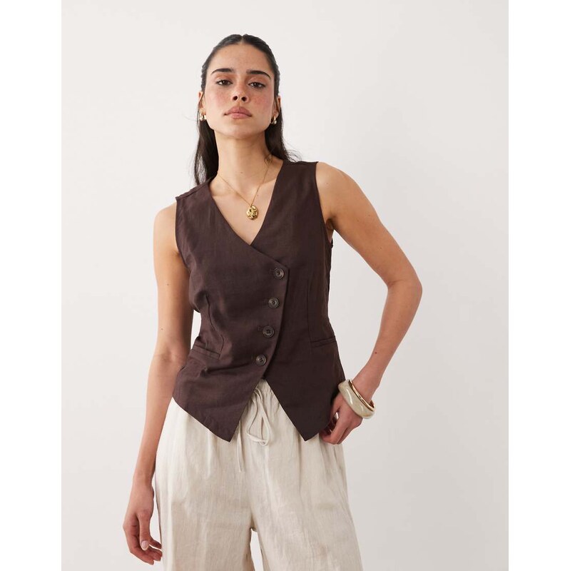 New Look linen blend asymmetric waistcoat in brown
