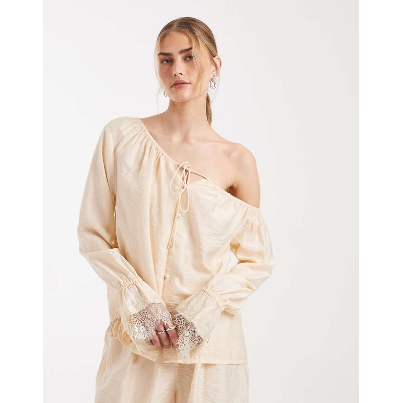 ASOS DESIGN satin off shoulder co-ord top in champagne-White